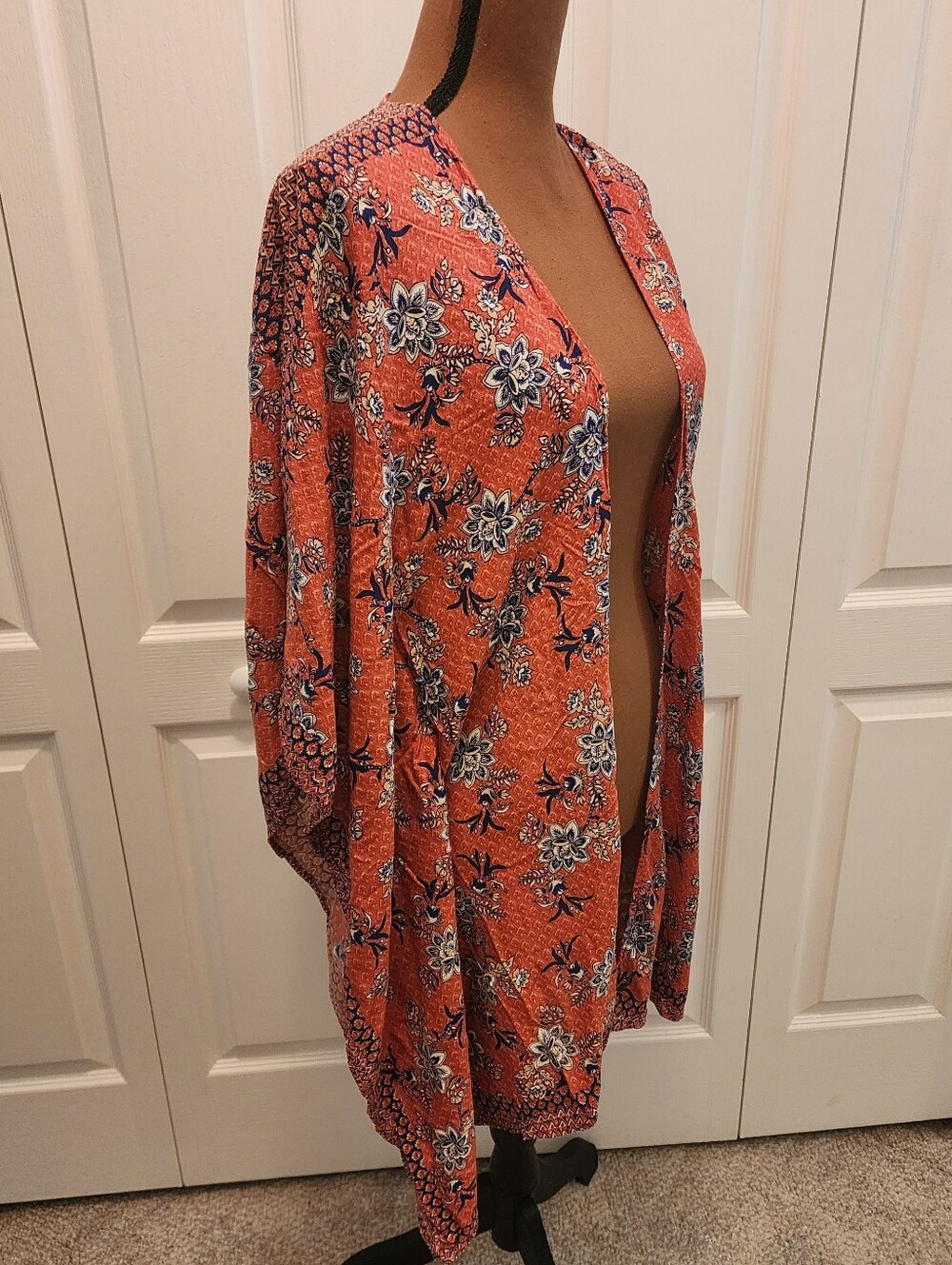 Romantic Boho Western Flowy Kimono Cardigan Wrap Floral Print Coral/ Blue